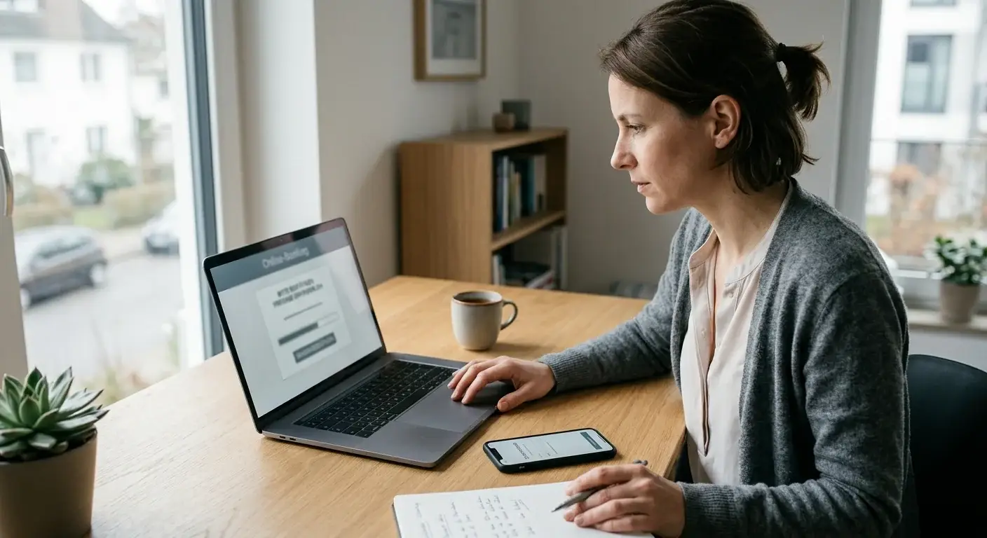 Person kontrolliert Bankfreigabe und Transaktionsdetails am Laptop
