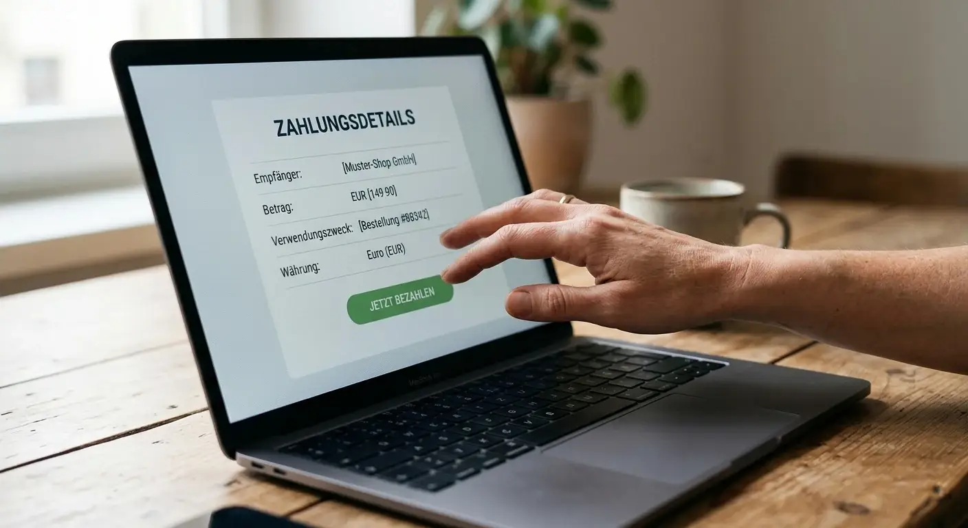 Neutrale Kassenansicht auf einem Laptop mit Betrag, Empfänger und Währung