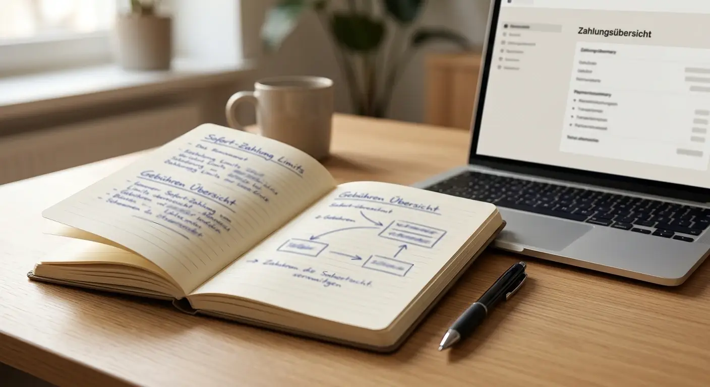 Notizbuch mit handschriftlichen Zahlungslimits und Gebührenhinweisen neben einem Laptop