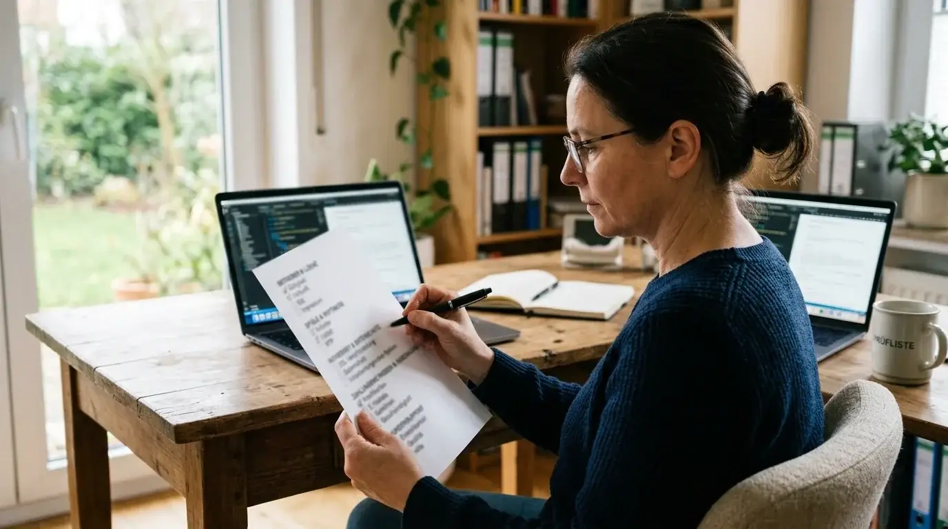 Checkliste mit Betreiber, Lizenz und Kassenprüfung auf einem neutralen Schreibtisch