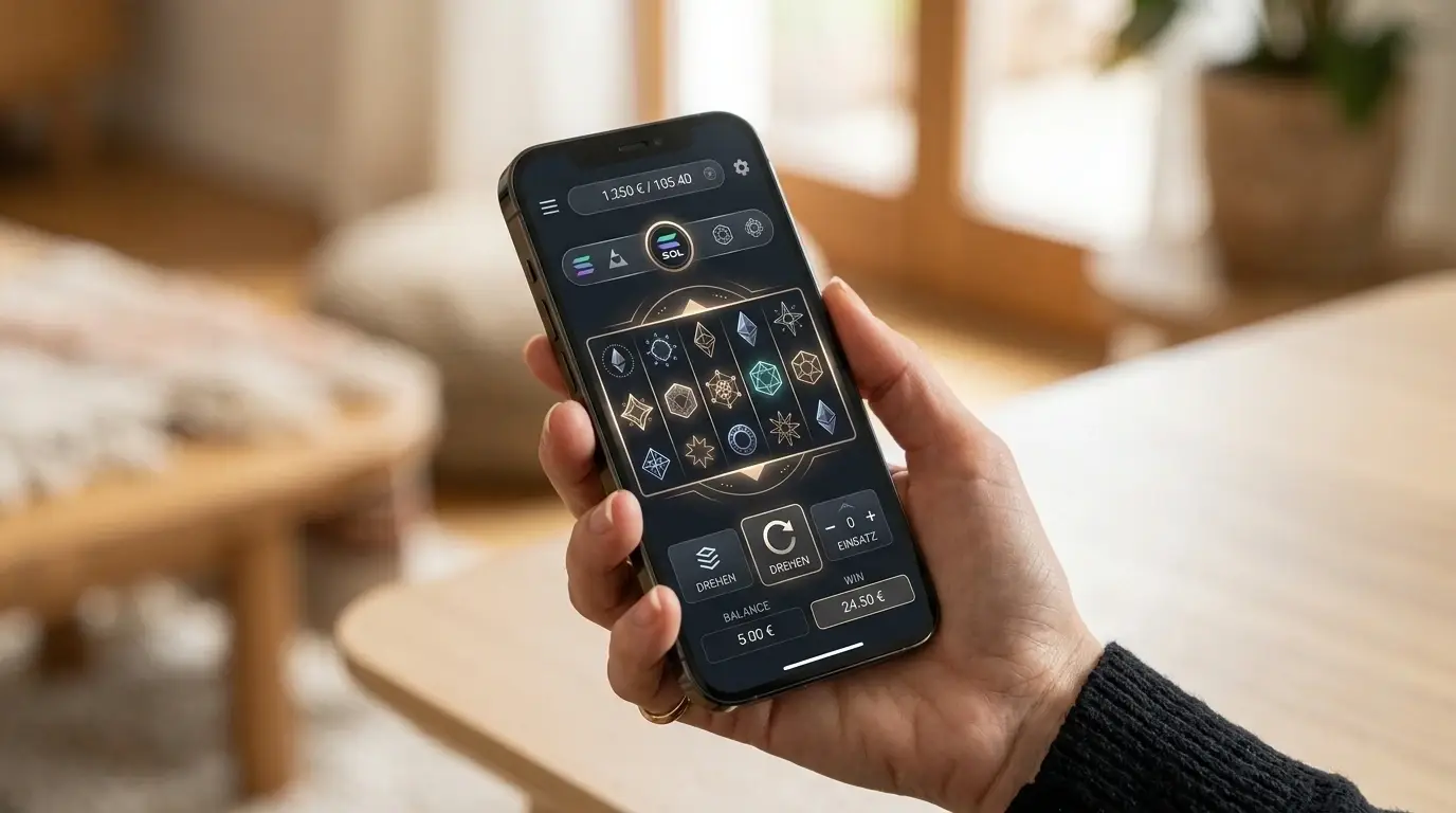 Smartphone mit neutraler Casino-Spieloberfläche und abstraktem SOL-Symbol