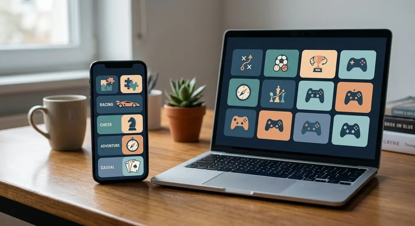Laptop und Smartphone mit neutraler Darstellung verschiedener Spielarten