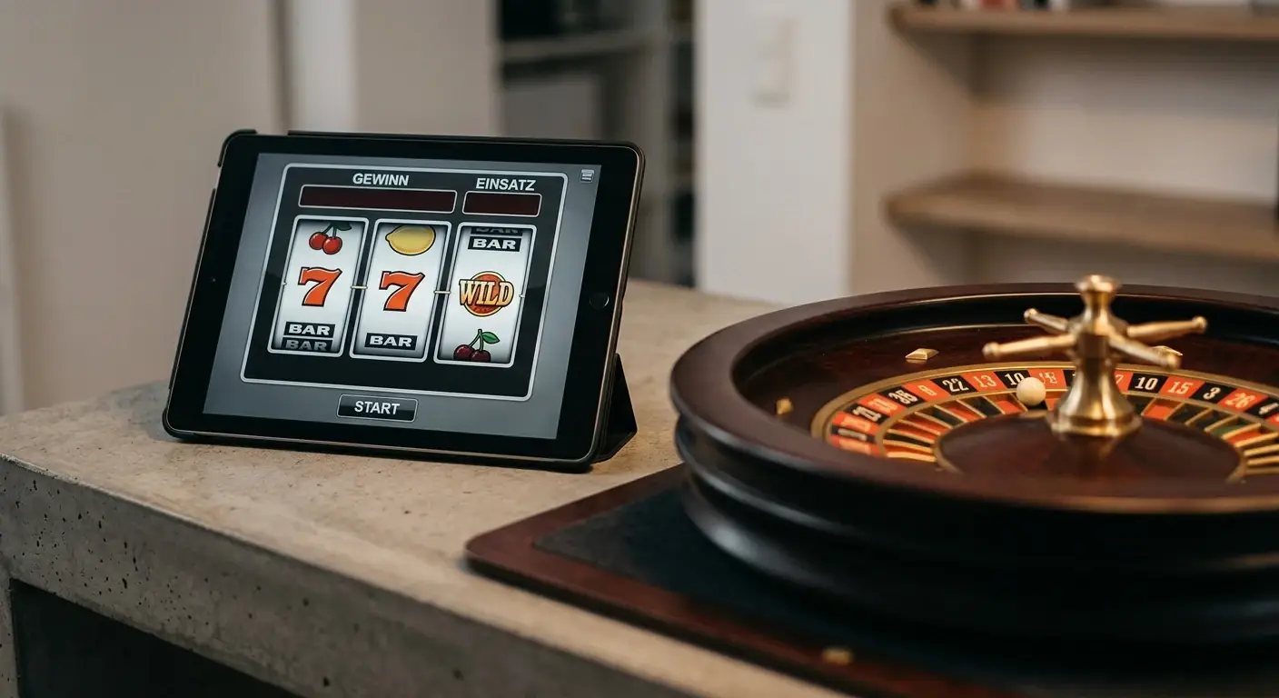 Split-Darstellung: Spielautomat links, Roulette-Rad rechts