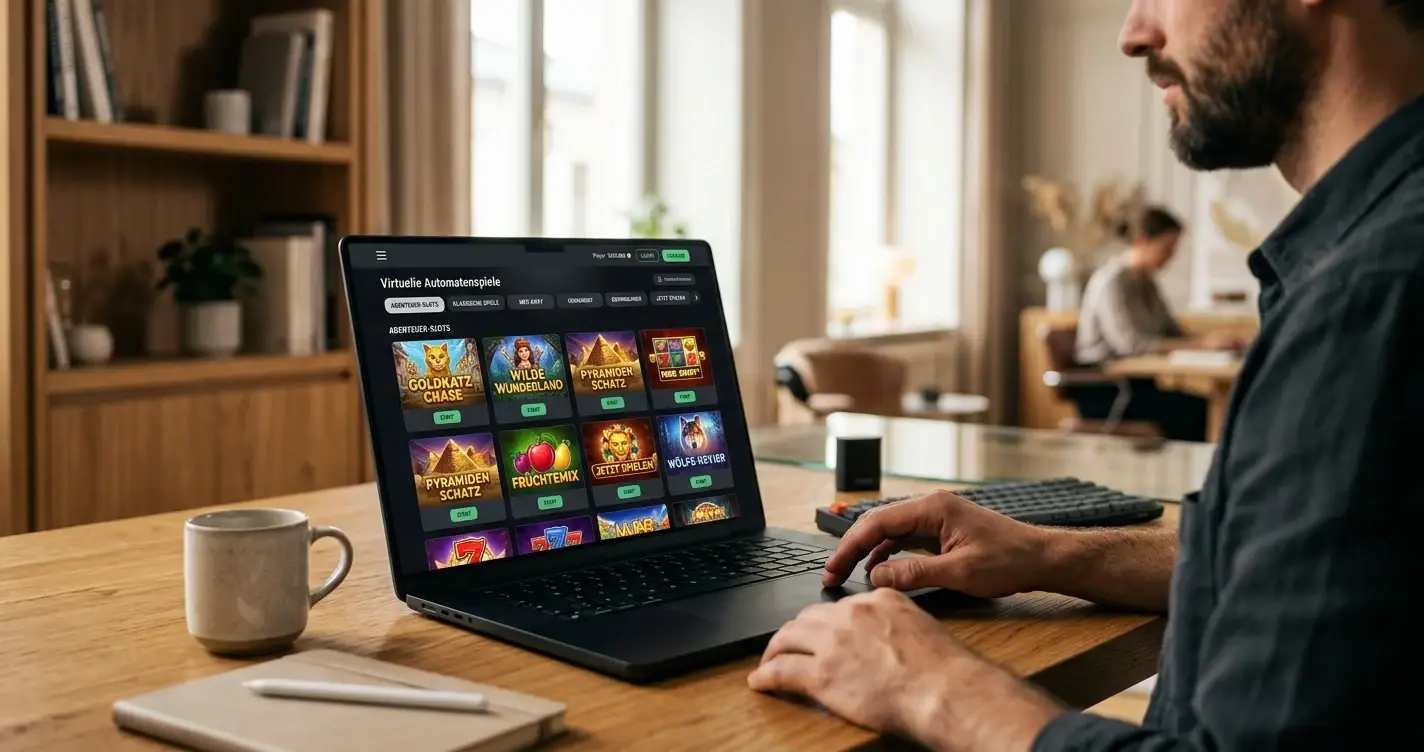 Laptop-Bildschirm mit bunter Auswahl virtueller Slot-Spiele in der Casino-Lobby