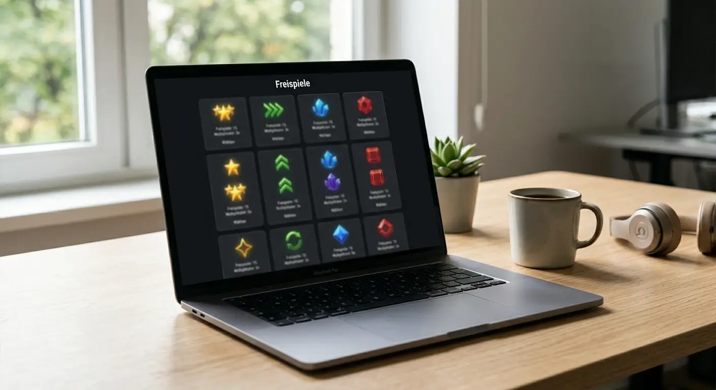 Laptop mit neutraler Auswahl verschiedener Spielautomaten ohne erkennbare Marken