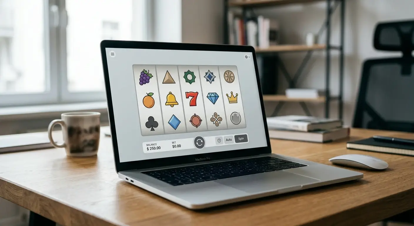 Laptop-Bildschirm zeigt generische Spielautomaten-Walzen mit verschiedenen Symbolen, keine Markenlogos erkennbar
