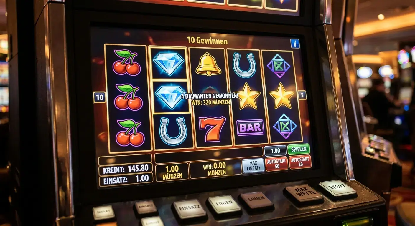 Bildschirm eines Spielautomaten mit generischen Walzen und sichtbarem Informationsfeld zur Auszahlungsquote