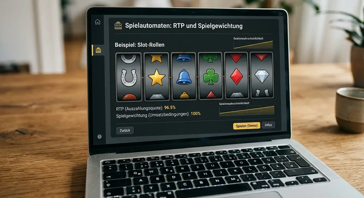 Generische Spielautomatenrollen auf einem Laptop ohne erkennbare Marke
