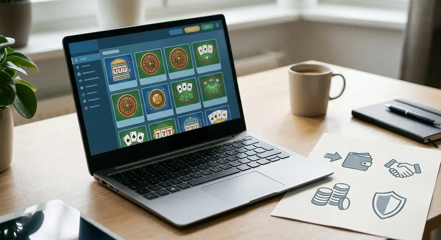Laptop mit neutraler Spielauswahl und getrennt dargestellten Zahlungswegen