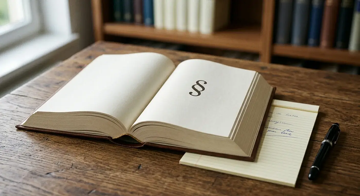 Aufgeschlagenes Gesetzbuch mit Paragrafenzeichen neben einem Notizblock