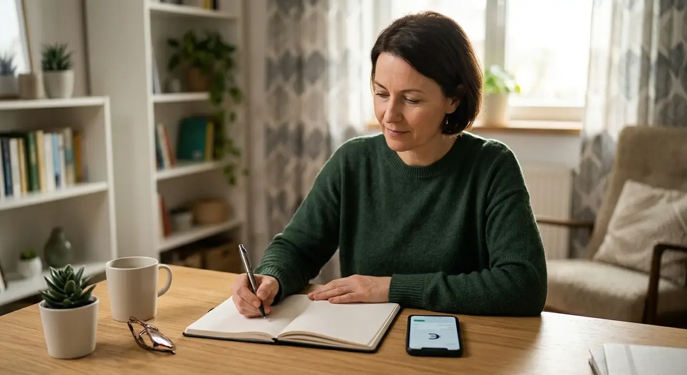 Person mit Notizbuch und Smartphone bei einer nüchternen Budgetplanung