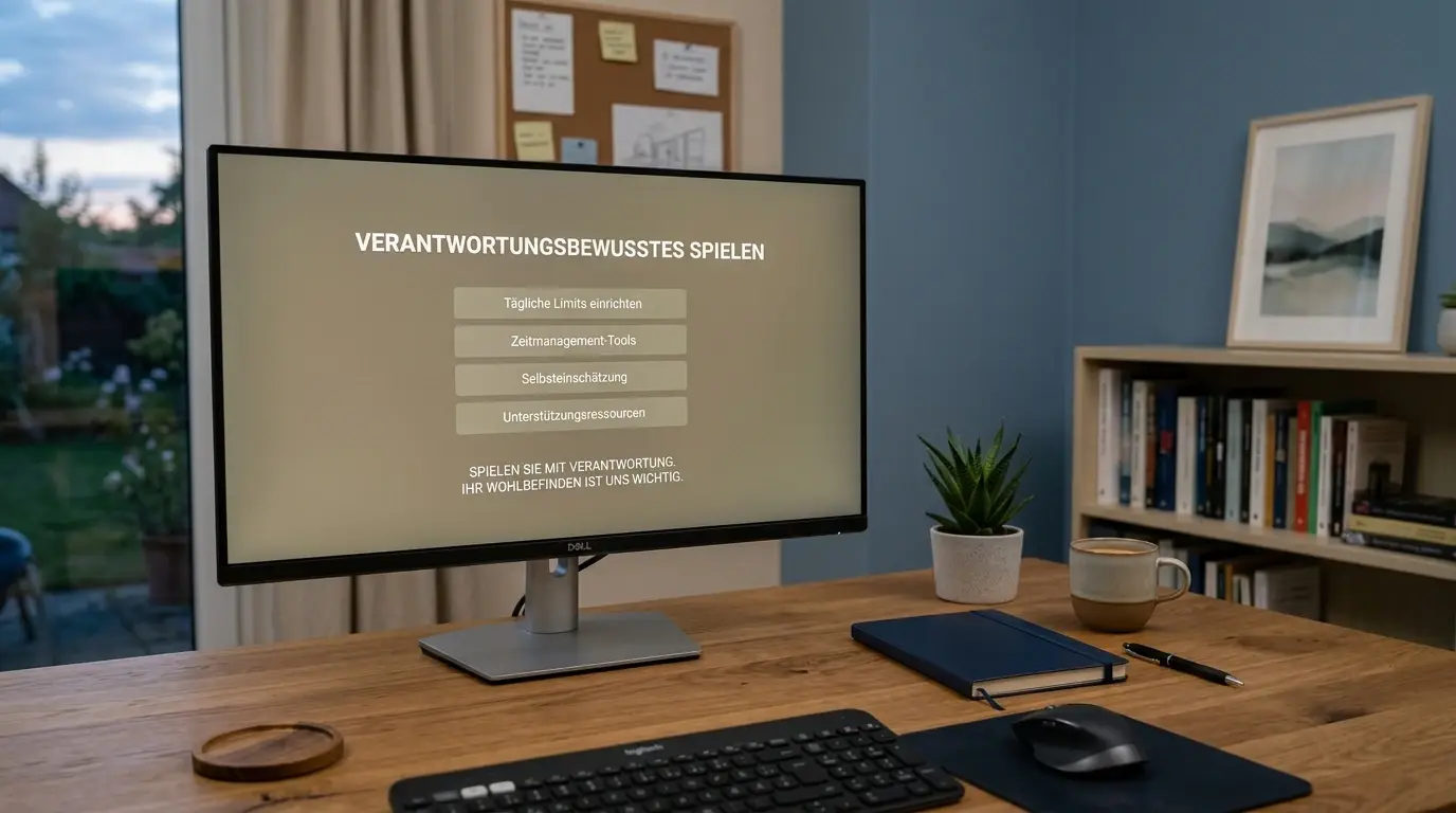 Ruhige Spielumgebung mit neutralem Bildschirm und Hinweis auf verantwortungsvolles Spielen