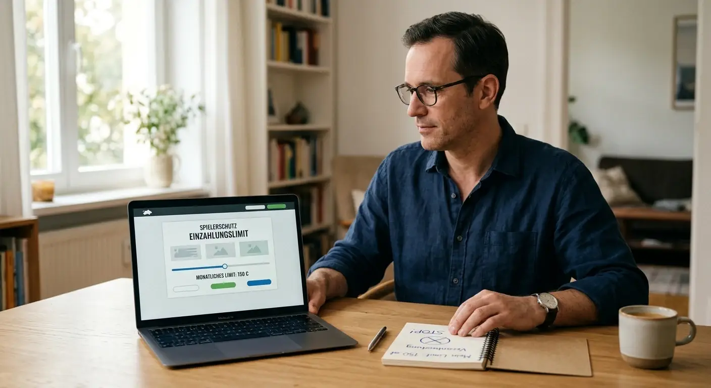 Erwachsener Nutzer mit neutralem Ausgabenlimit und unbranded Casino-Laptop