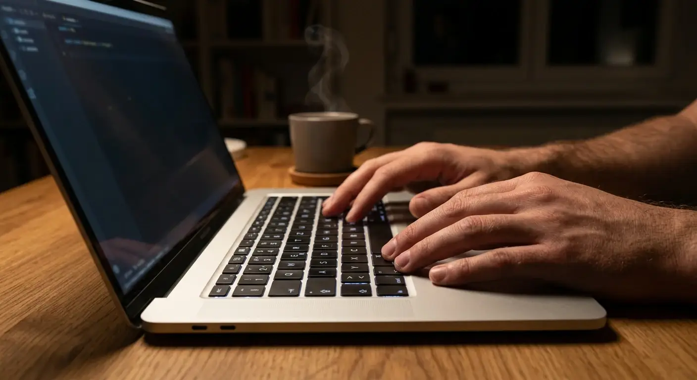 Nahaufnahme von Händen auf einer Laptop-Tastatur mit Kaffeetasse in gedämpftem Licht