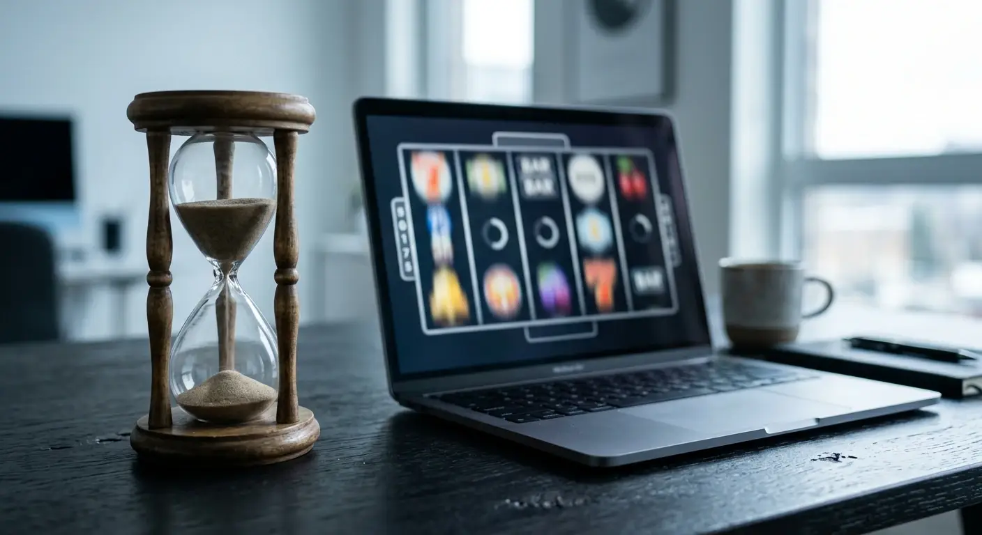 Sanduhr neben einem Laptop mit laufendem Spielautomaten als Bild für schnelles Spiel ohne Wartezeit