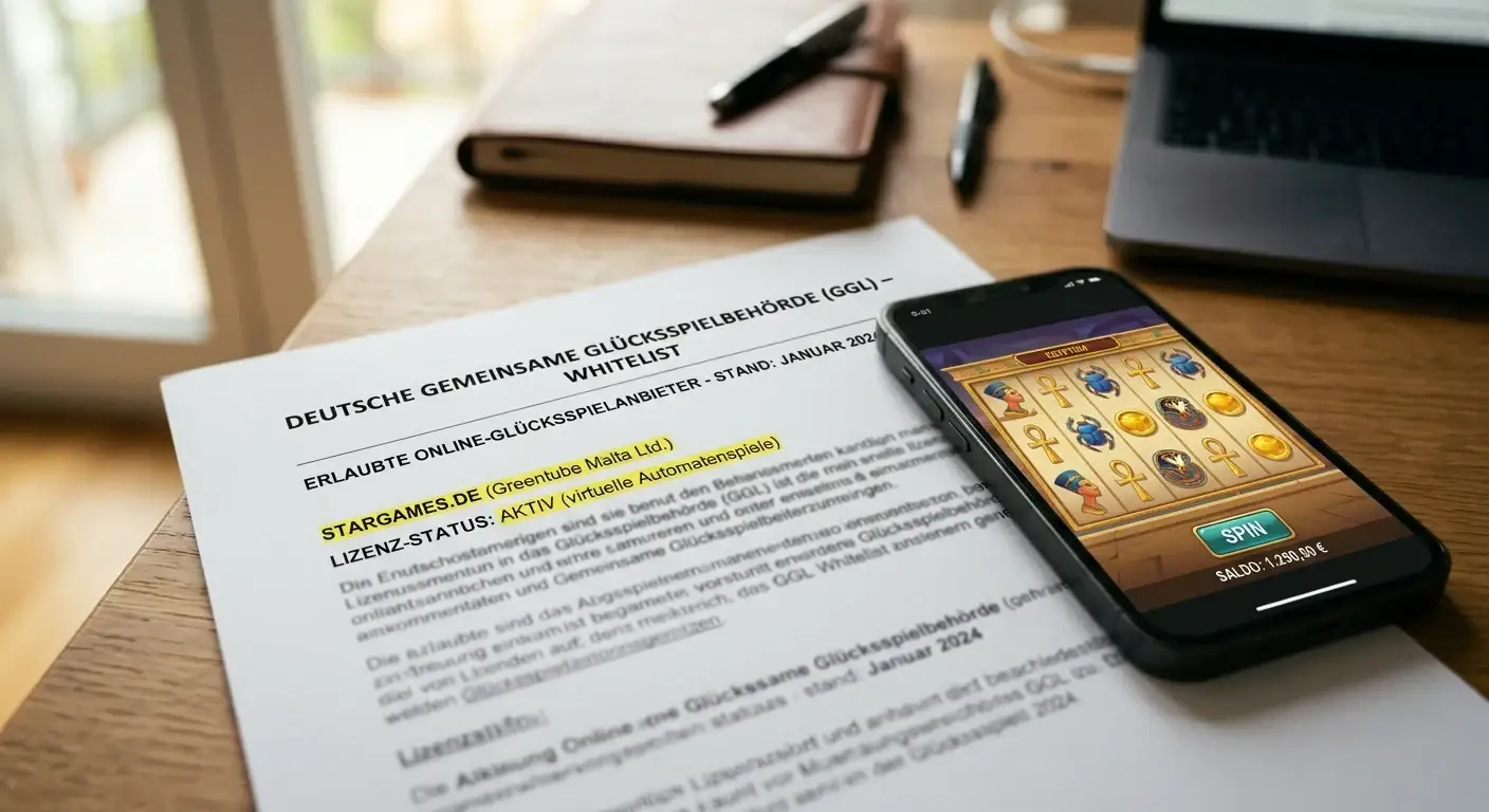 Gedruckte GGL-Whitelist mit markierten Einträgen und Smartphone zeigt Casino-Interface