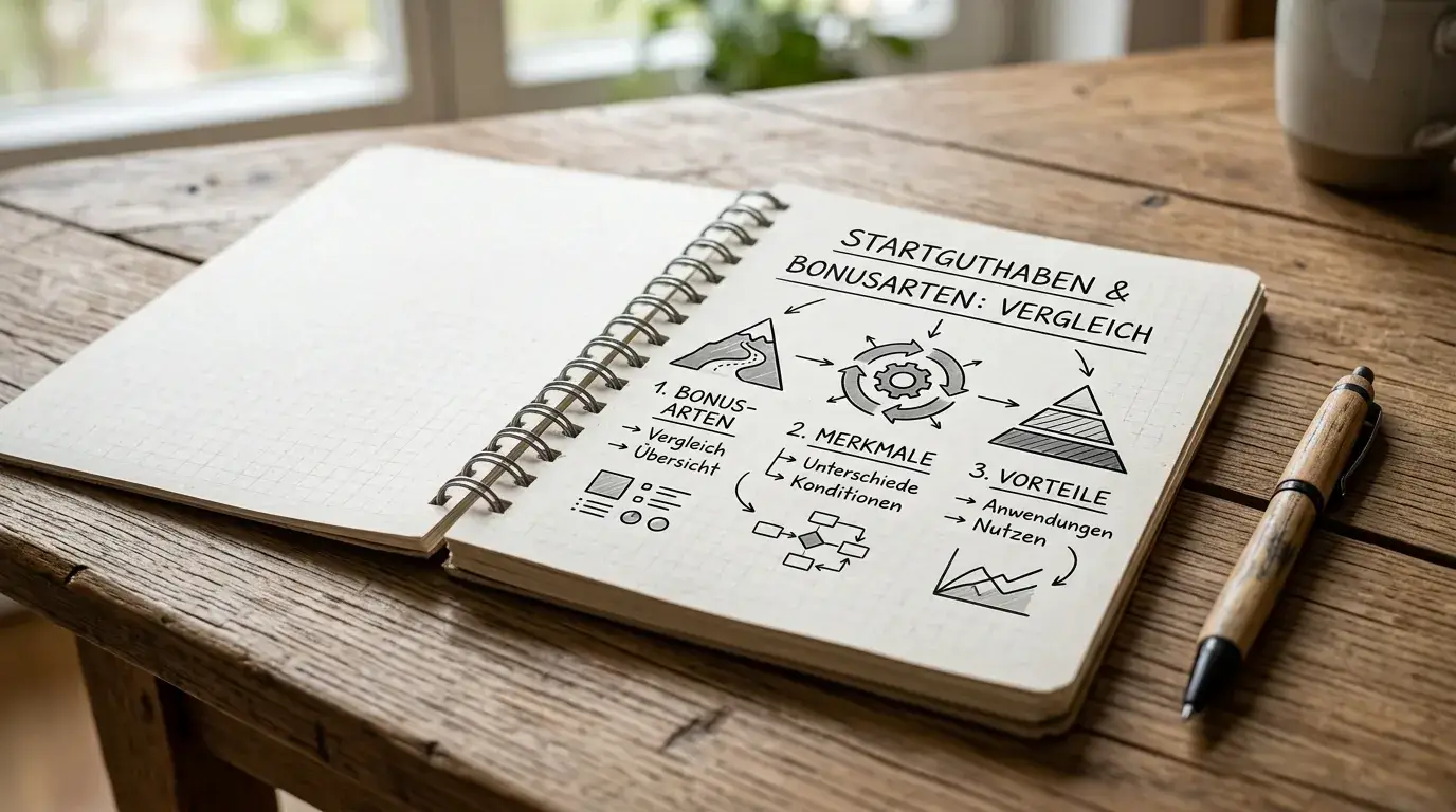 Notizbuch mit getrennten Begriffen für Freispiele Bonusgeld und Echtgeld