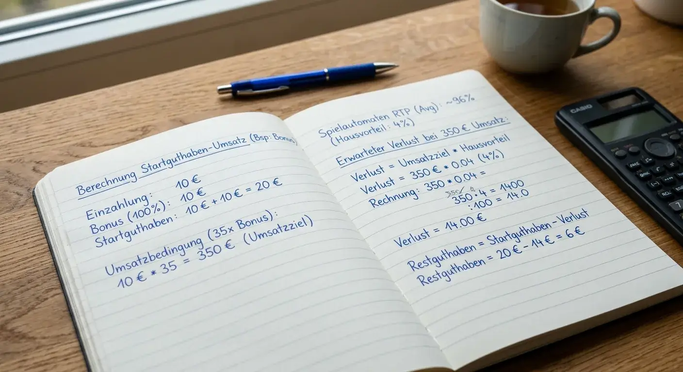 Notizbuch mit handschriftlichen Berechnungen zu Umsatzbedingungen und RTP-Verlusten