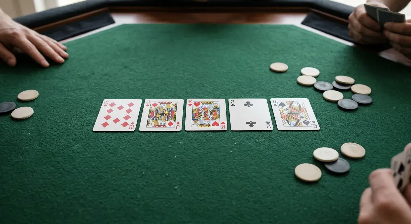 Gemeinschaftskarten und Chips auf grünem Filz beim Texas Hold'em