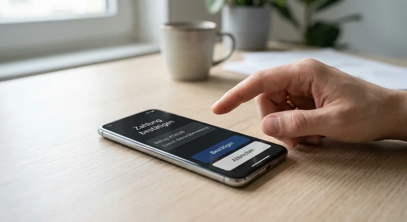 Smartphone mit neutraler Bankfreigabe und sicherem Zahlungsablauf