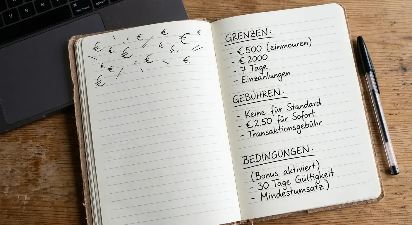 Notizblatt mit getrennten Angaben zu Einzahlungslimit, Mindestbetrag und Bonus
