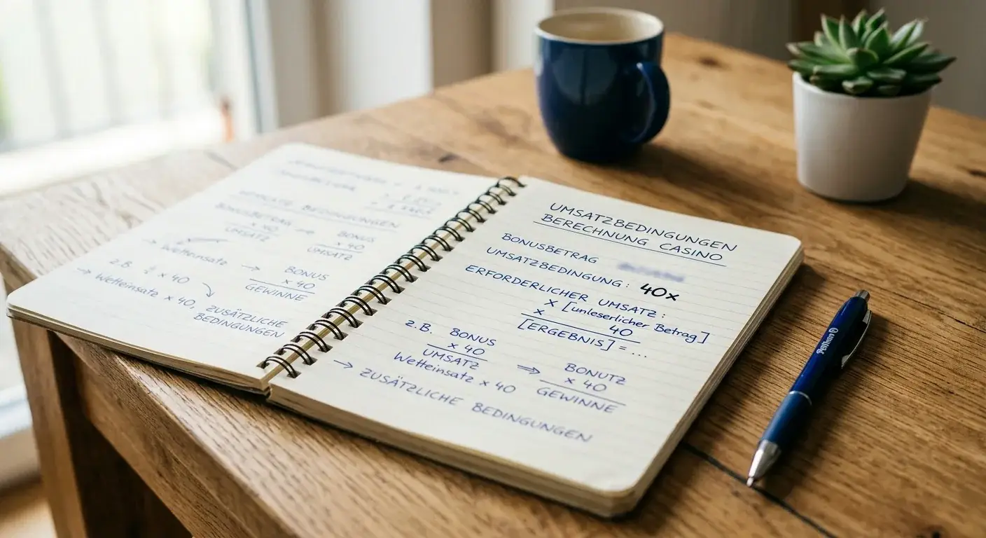 Notizblock mit Stift zeigt handschriftliche Umsatzberechnung 40x