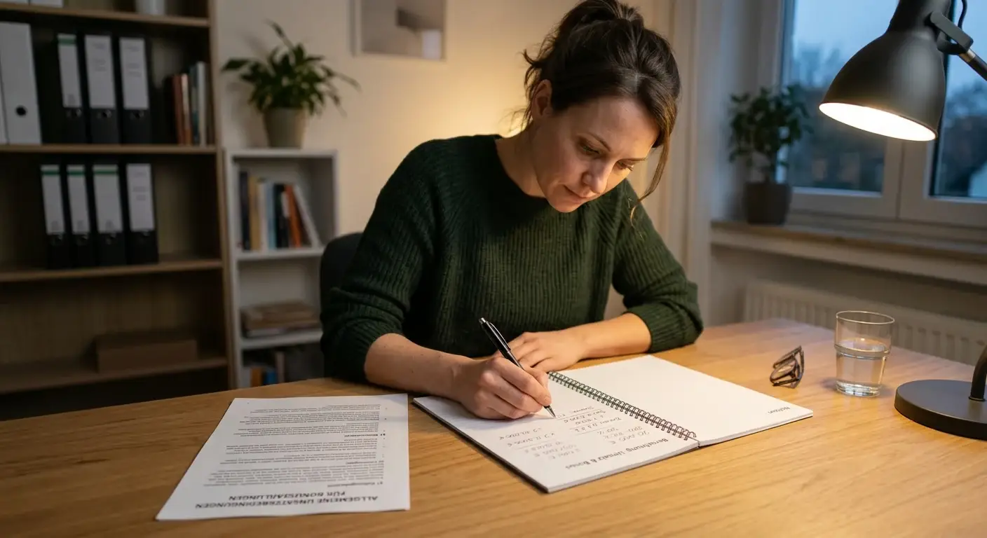 Person am Schreibtisch berechnet Bonusbedingungen mit Stift und Notizblock