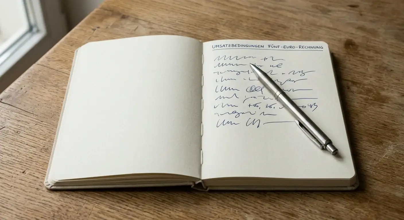 Aufgeschlagenes Notizbuch mit handschriftlichen Rechenzeilen und einem Kugelschreiber auf schlichter Tischplatte