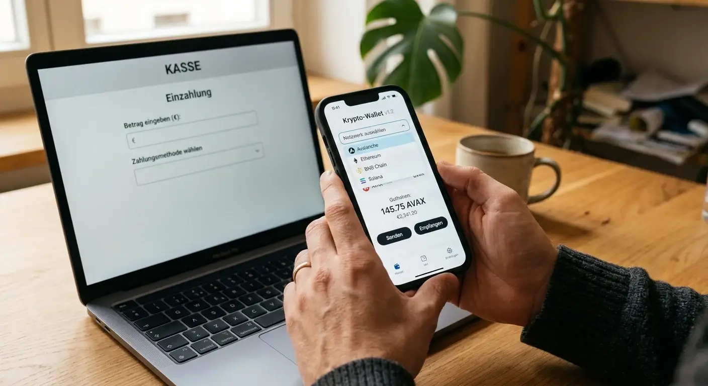 Person prüft Krypto-Wallet und Netzwerkauswahl vor einer USDC-Einzahlung