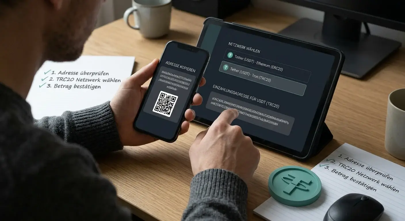 USDT-Netzwerk und Wallet-Adresse bei einer Casino-Zahlung