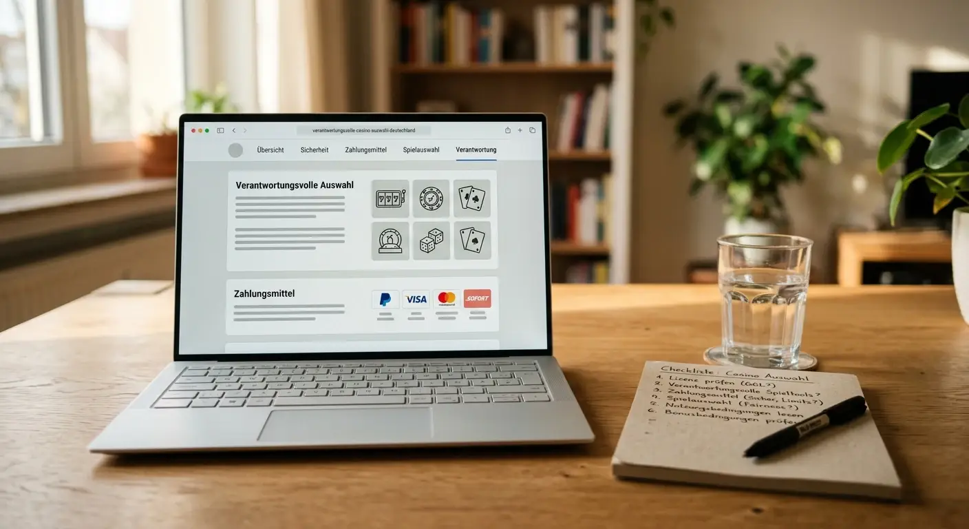 Laptop mit neutraler Zahlungs- und Spielauswahl ohne Markenlogos