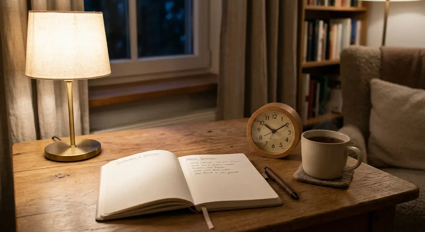 Ruhiges Notizbuch mit handschriftlichen Grenzen und einer Uhr daneben, keine Markennamen, gedämpftes Tageslicht