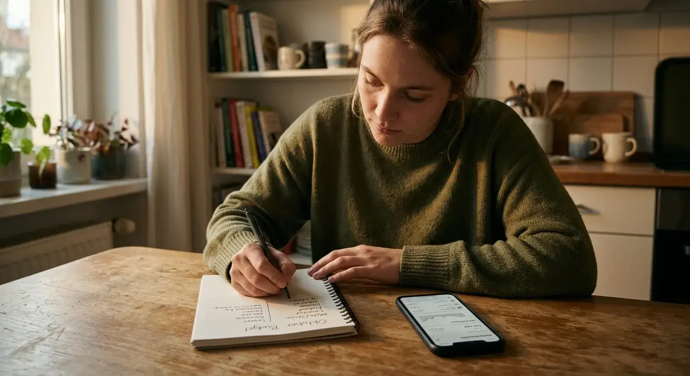 Person notiert ihr monatliches Spielbudget mit Stift und Notizblock