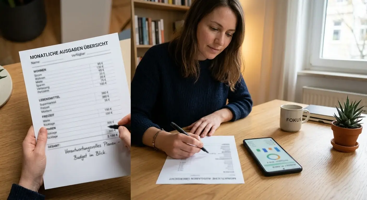 Person überprüft monatliche Ausgaben mit Budget-App und Dokument