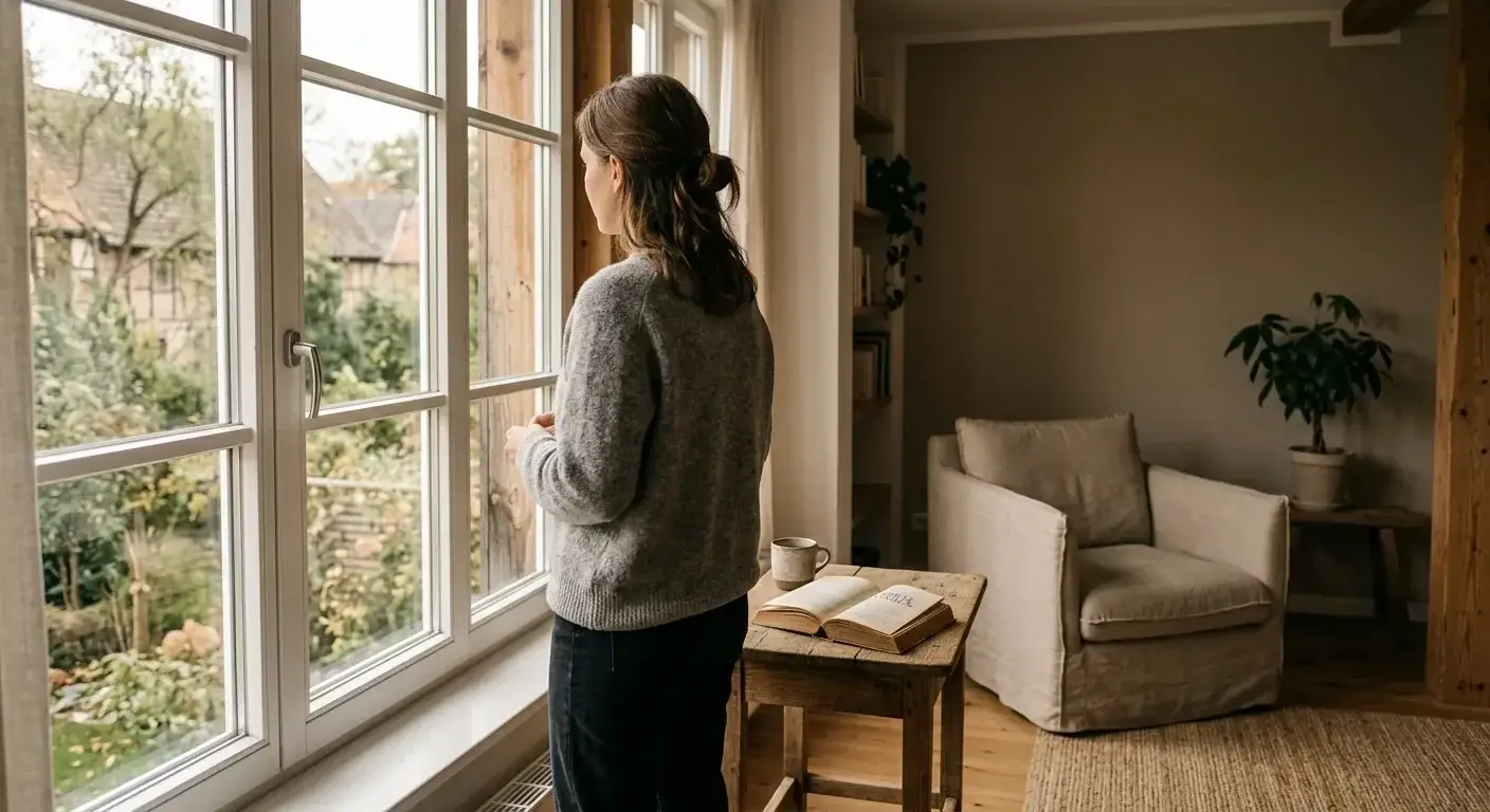 Ruhige Wohnzimmerszene mit einer Person am Fenster, warmes Nachmittagslicht, aufgeschlagenes Buch auf dem Beistelltisch