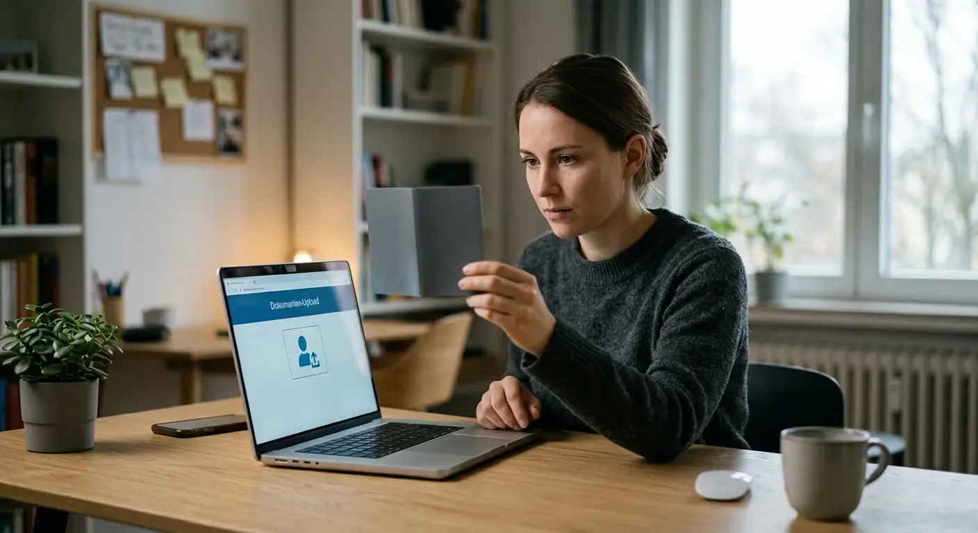 Person hält einen Ausweis vor die Laptop-Kamera zur Verifizierung vor der Auszahlung
