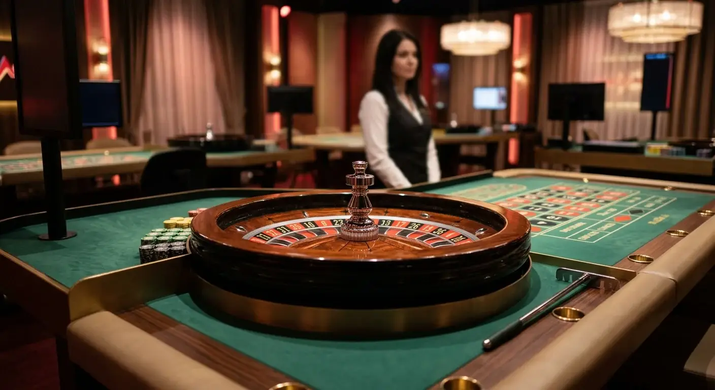 Live-Dealer-Tisch mit Roulette-Rad und neutraler Studio-Beleuchtung