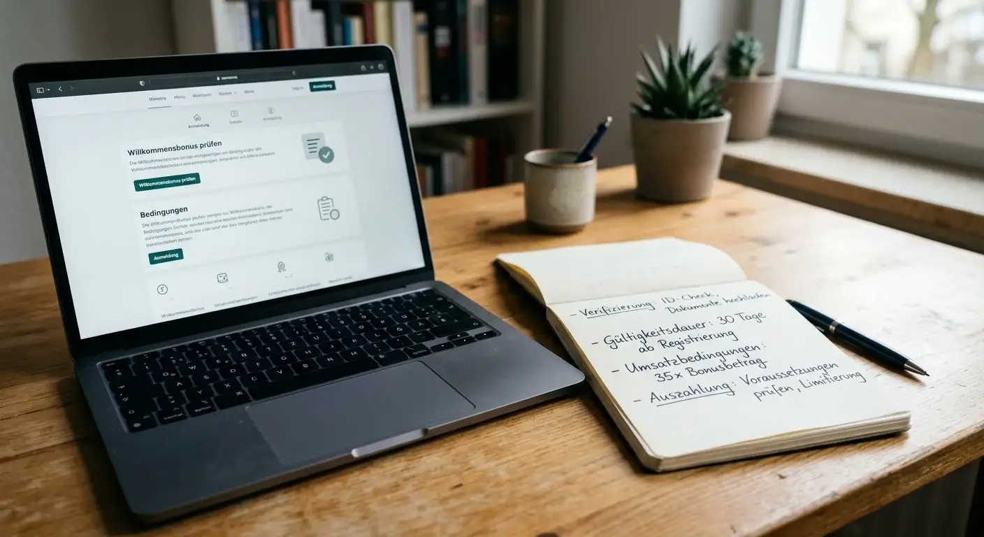 Offene Bonusbedingungen auf einem Laptop neben Notizen zu Verifizierung und Auszahlung