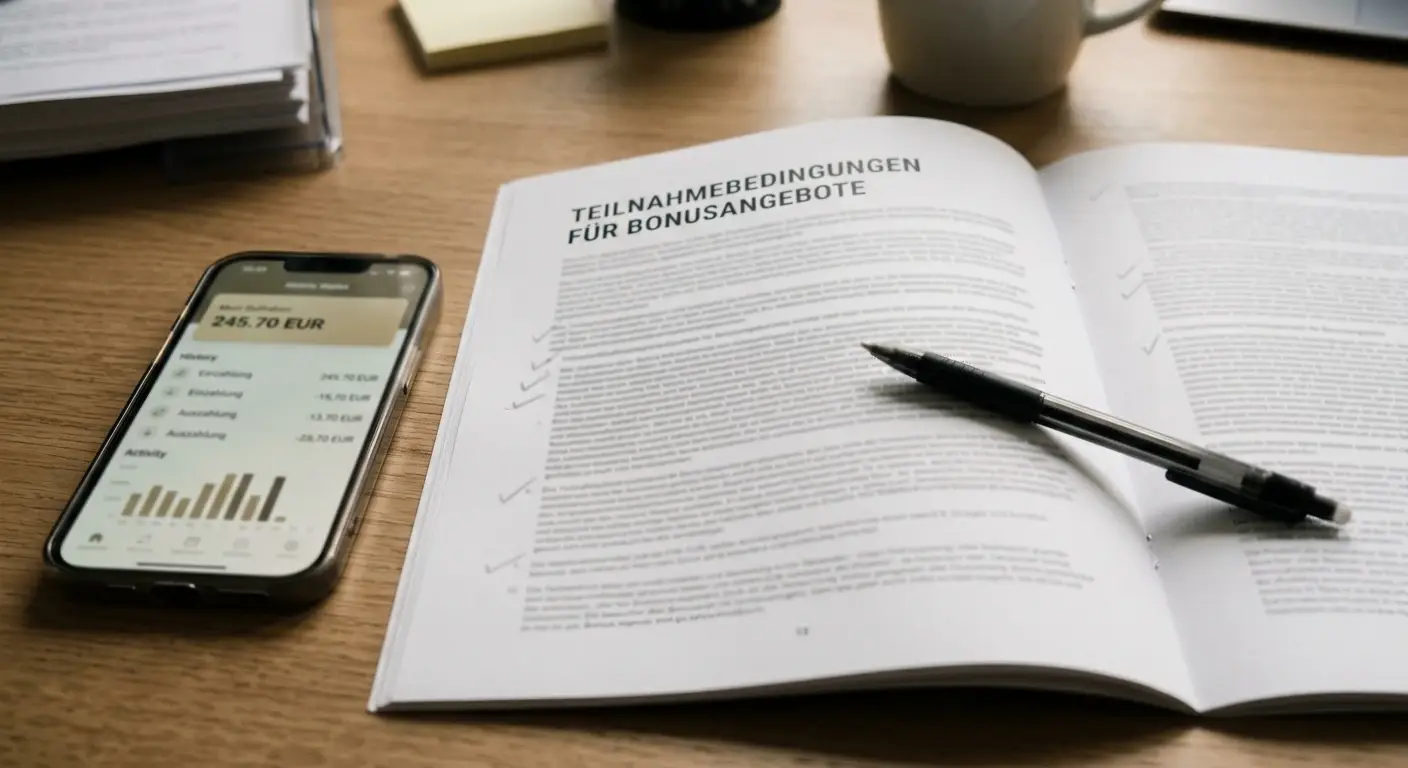 Aufgeschlagenes Dokument mit Bonusbedingungen neben einem Krypto-Wallet