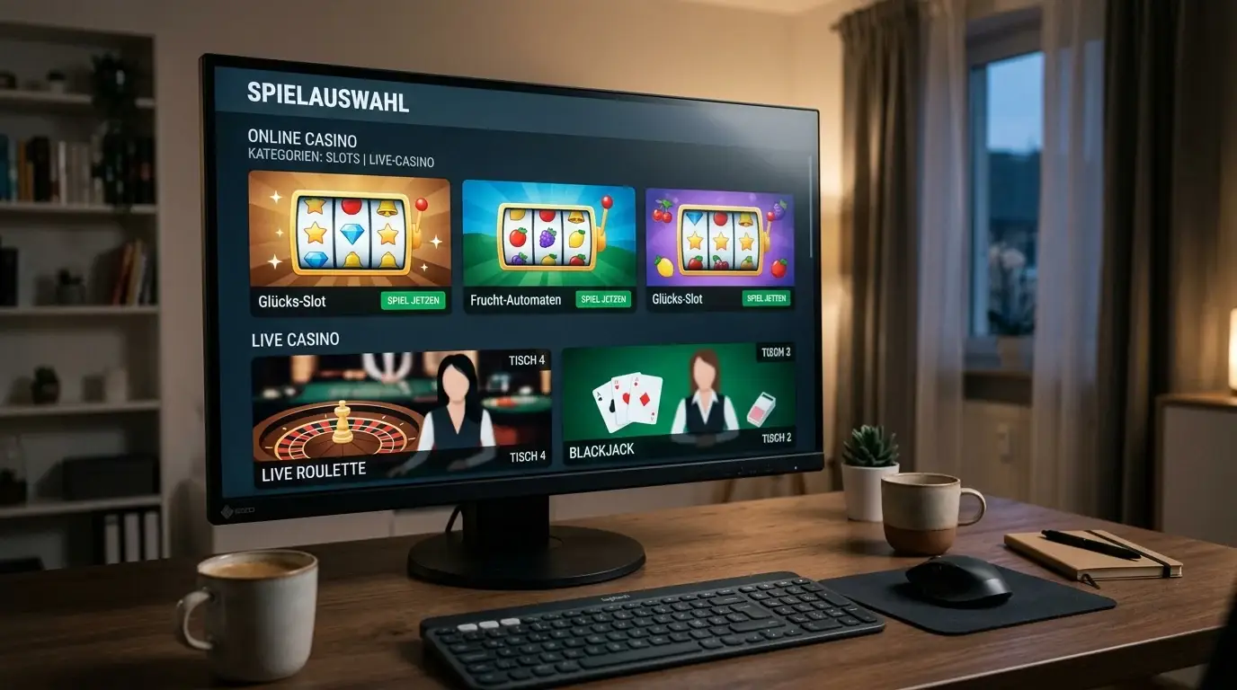 Bildschirm mit Spielautomaten und Live-Tisch als Auswahl im Krypto-Casino