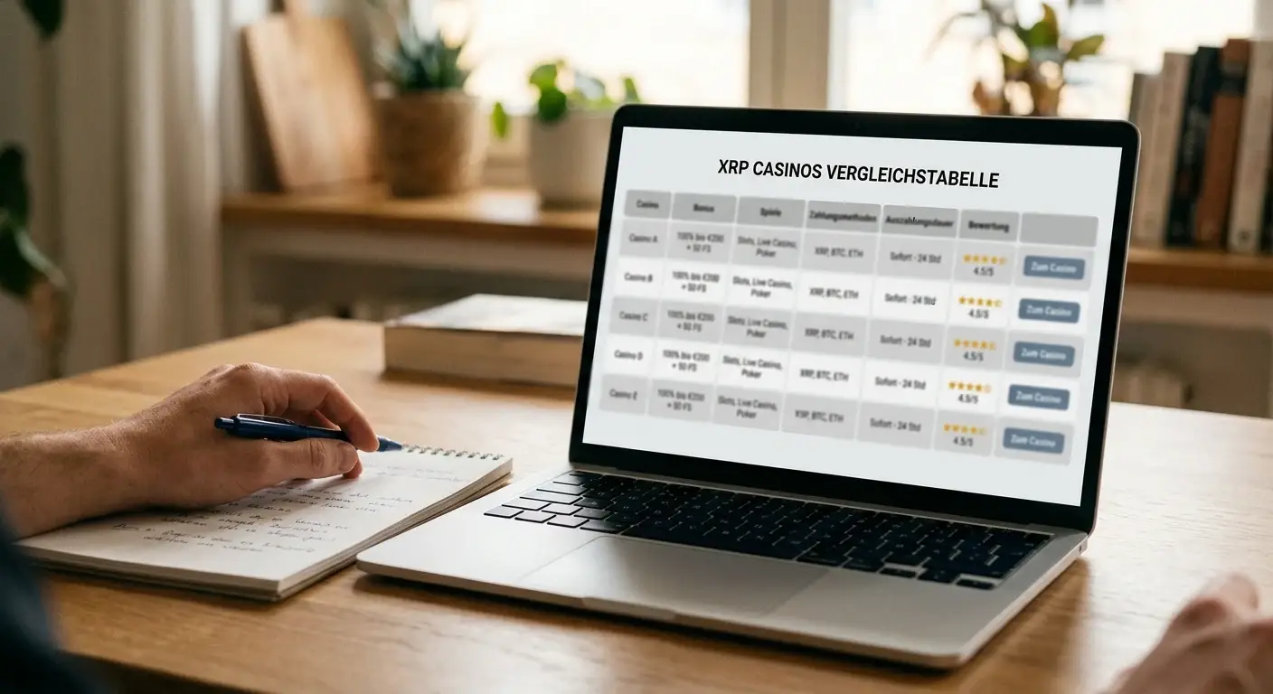 Vergleichstabelle mehrerer XRP-Casinos auf einem Bildschirm mit Ripple-Symbol