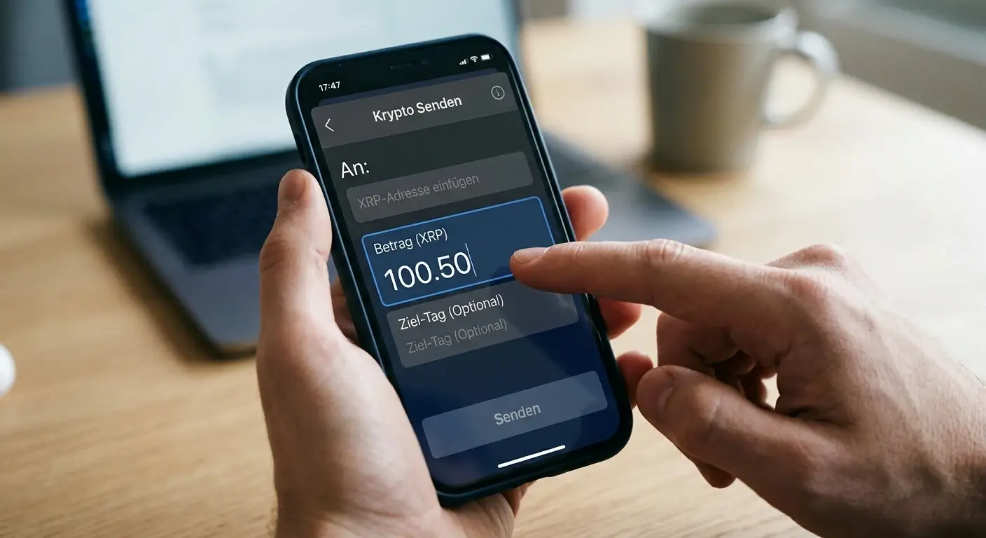 Smartphone mit Krypto-Wallet und Eingabefeld für die Destination Tag Nummer
