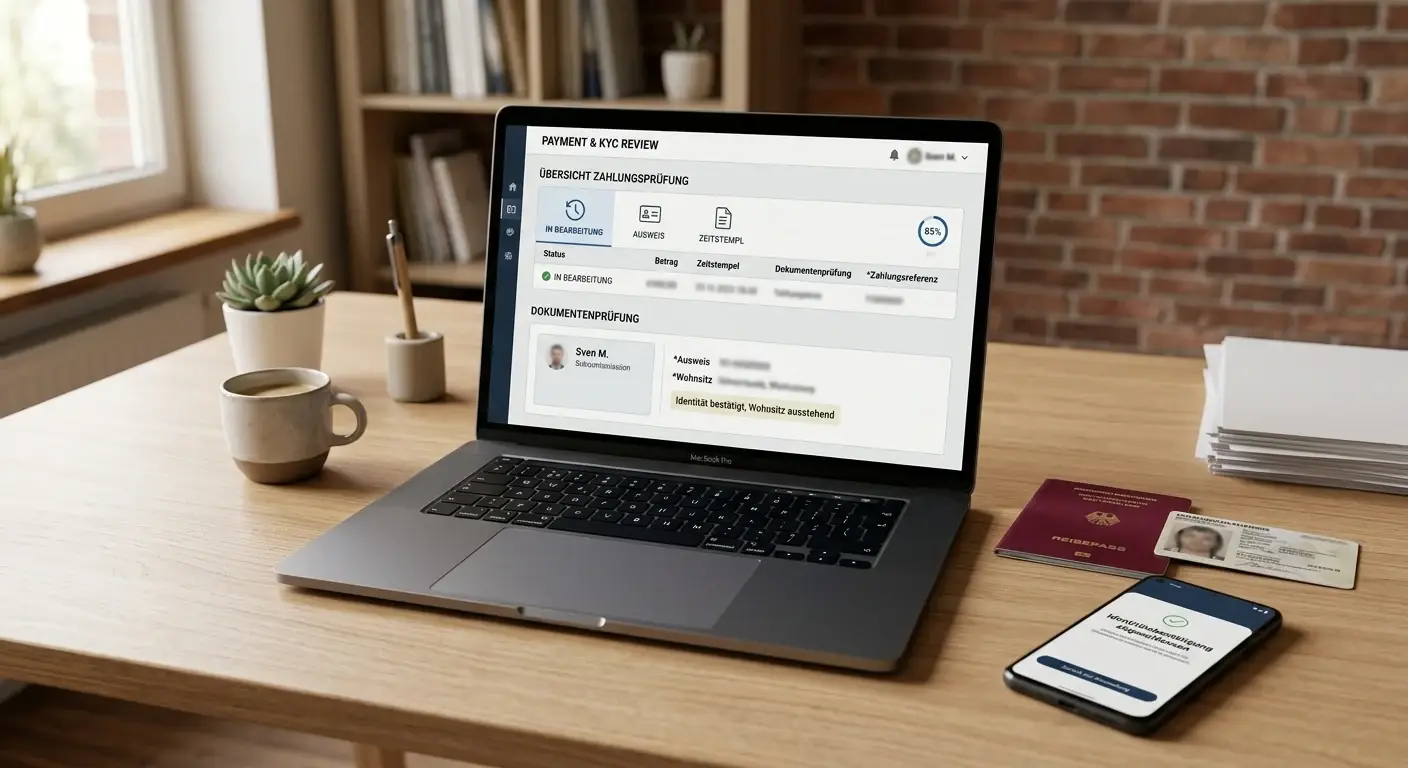 Laptop mit neutraler Zahlungsübersicht und Dokumenten zur Identitätsprüfung
