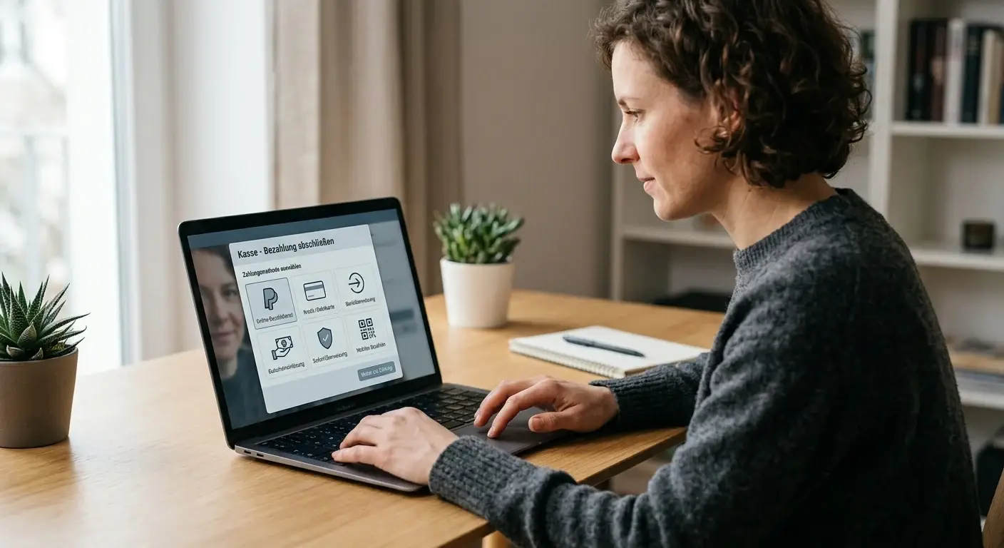 Laptop mit neutraler Kassenansicht und verschiedenen unbeschrifteten Zahlungswegen