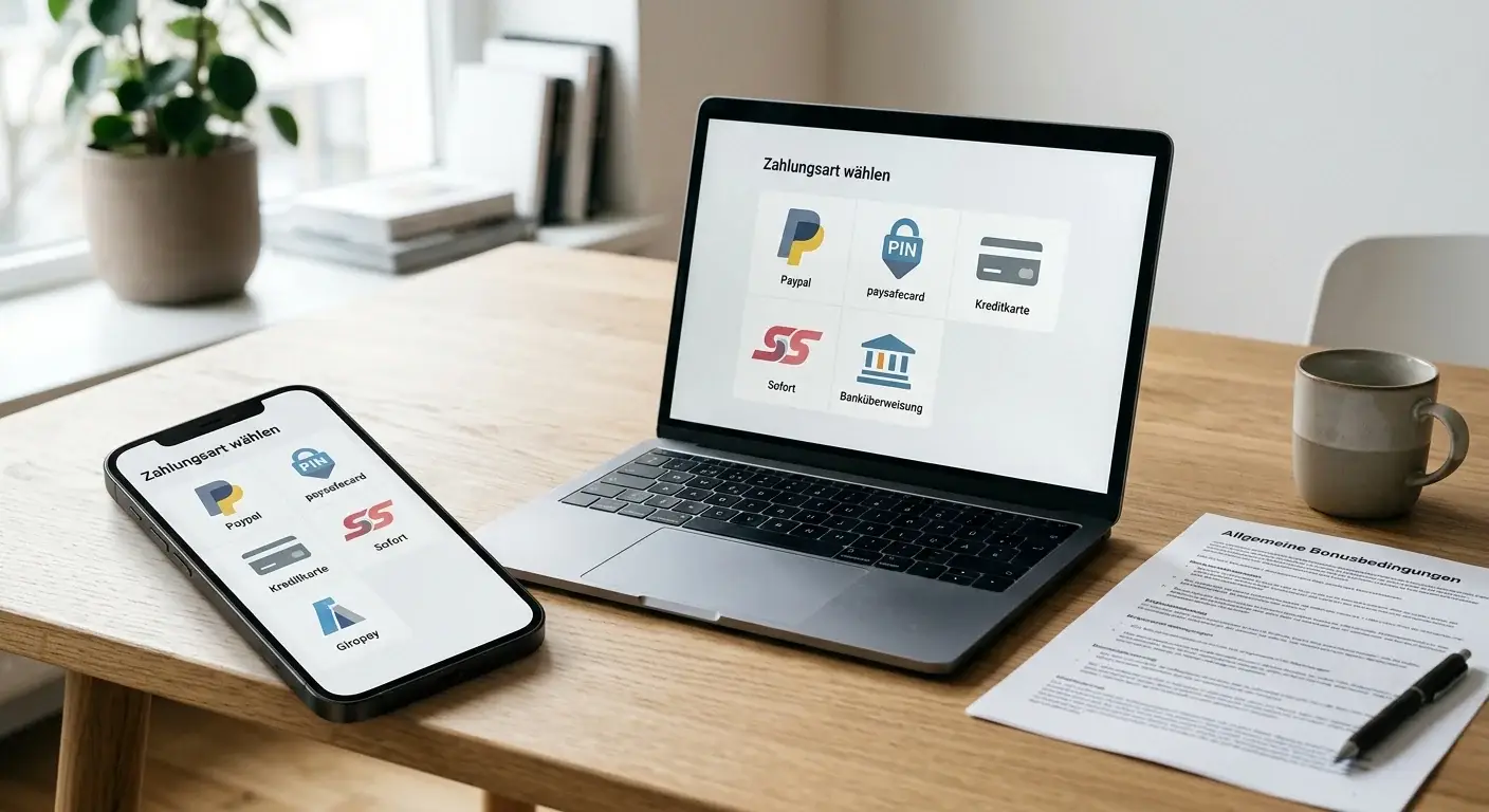 Paysafecard- und PayPal-Symbole als neutrale Zahlungsoptionen neben Bonusbedingungen