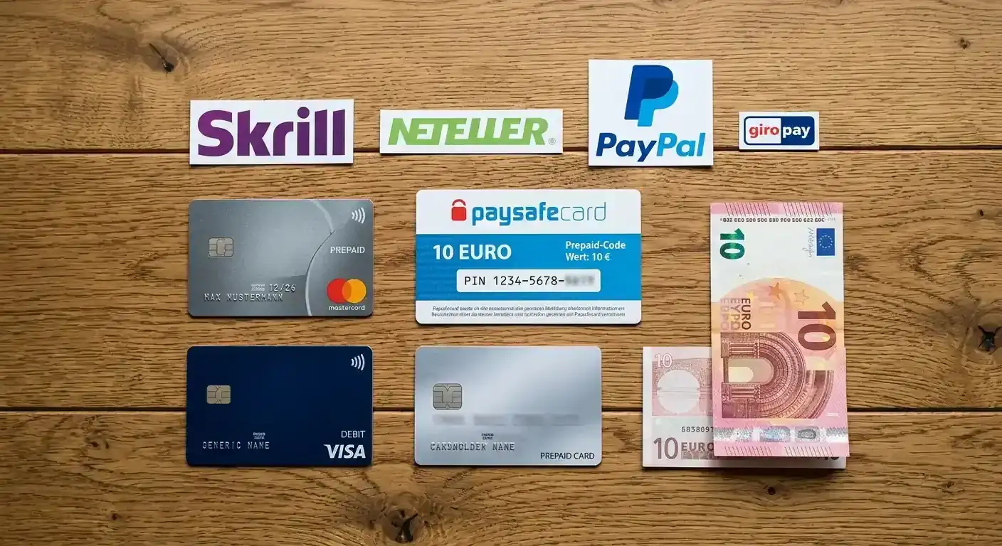 Verschiedene Zahlungskarten und digitale Wallet-Icons auf einem Schreibtisch