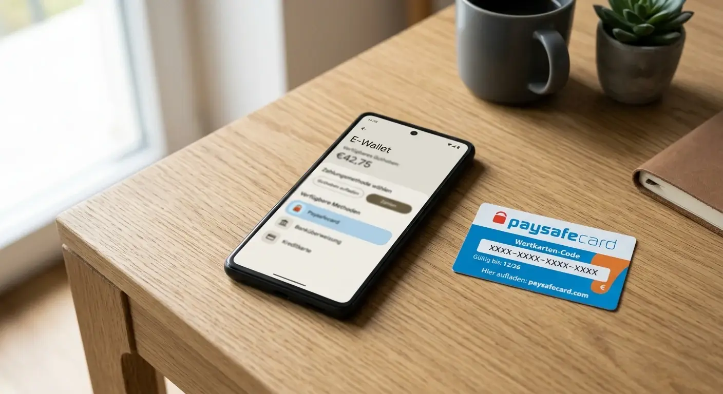 Smartphone mit E-Wallet-App und Paysafecard auf Tisch