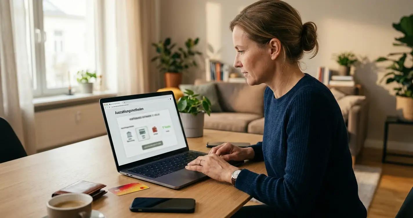 Desktop mit Banküberweisungs-Interface und Smartphone mit Zahlungsbestätigung