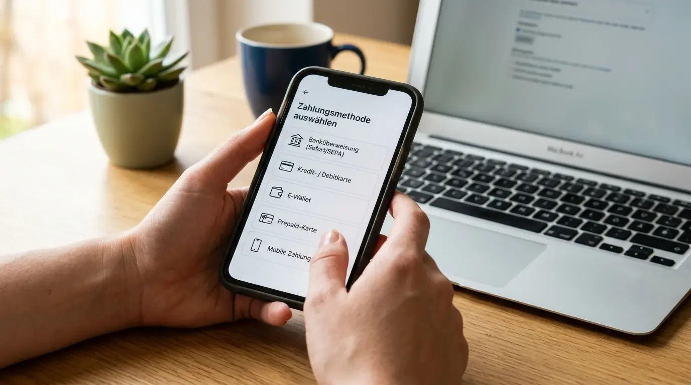 Smartphone mit geöffneter Zahlungsauswahl für Einzahlungen im Echtgeld-Casino