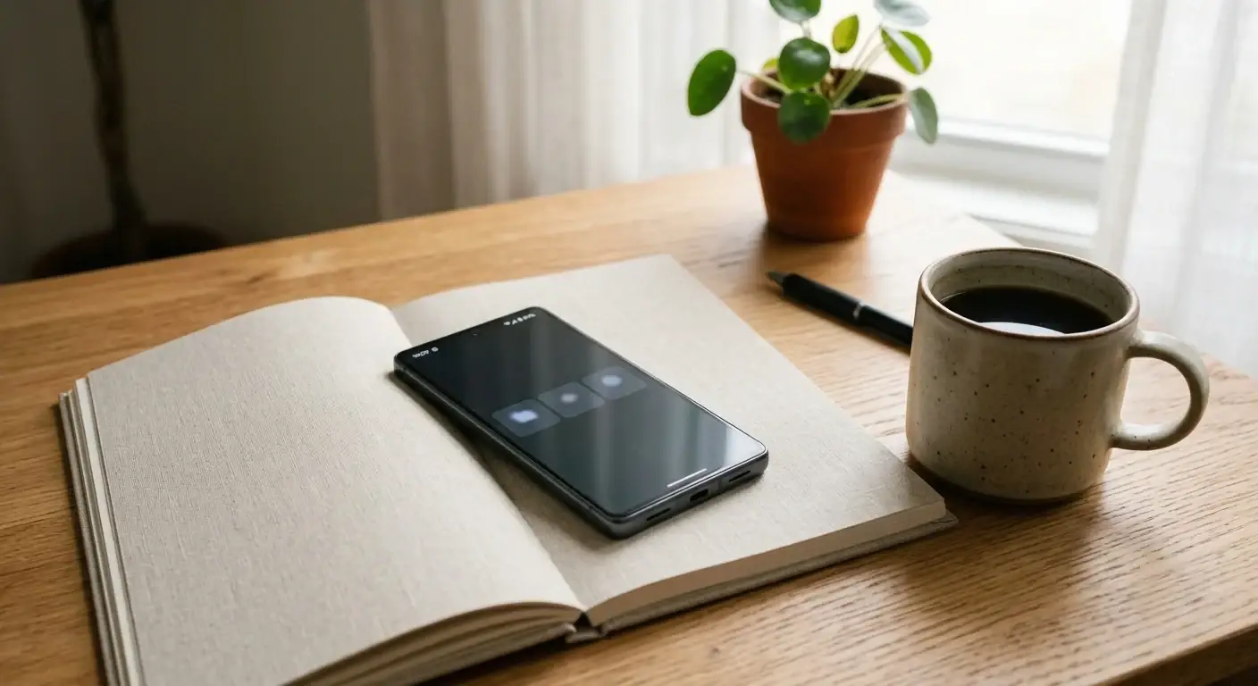 Aufgeräumter Schreibtisch mit Smartphone, Notizblock und Kaffeetasse, natürliches Fensterlicht